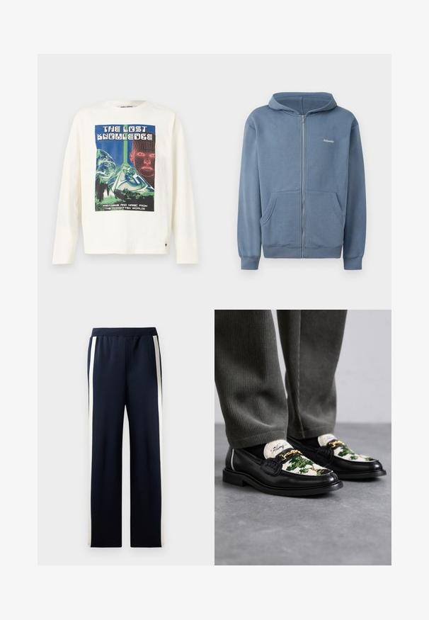 Blue zip-up hoodie made from soft fabric, featuring a front zipper, two pockets, and ribbed cuffs. Small logo on the chest.; Cream long-sleeve t-shirt featuring a colorful graphic print titled "The Lost Knowledge," depicting a pyramid and digital face elements.; Navy sweatpants with a wide leg design, featuring vertical cream stripes along the sides. Made from soft, textured fabric with an elastic waistband.; Black leather loafers with a decorative green and white textile upper. Features a gold chain accent and textured black sole.