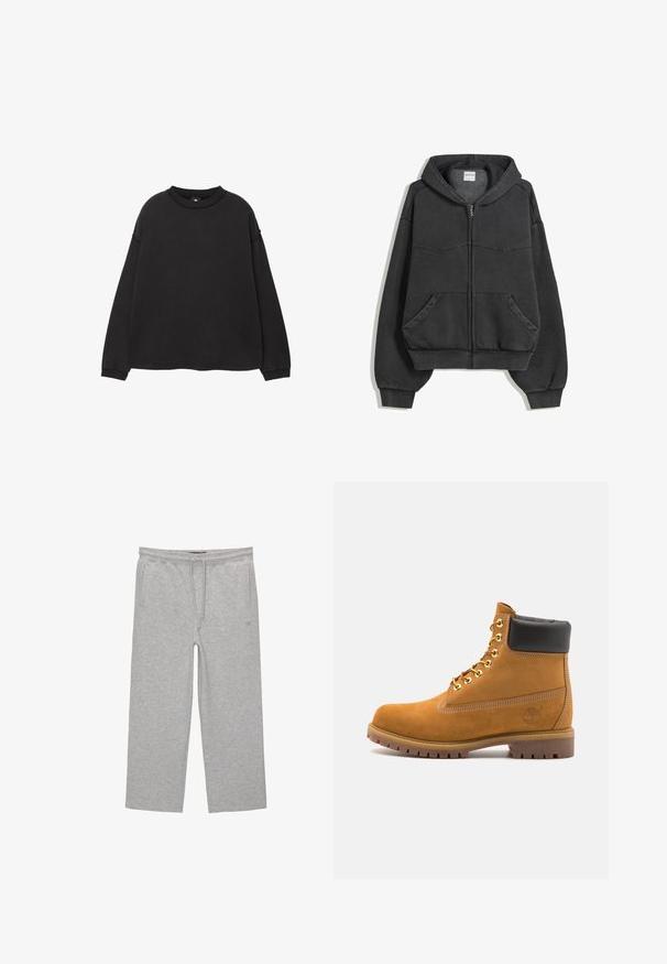Černá zipová mikina z měkké tkaniny, vybavená podšívkovou kapucí, předními kapsami a elastickými manžetami a lemem. Jednoduchý design s minimem švů.; Černá mikina s dlouhými rukávy vyrobená z jemné bavlny. Má kulatý výstřih, spadlé ramena a žebrované manžety a lem. Hladký povrch.; Šedé bavlněné tepláky s elastickým pasem, šňůrkou na stažení a dvěma bočními kapsami; rovný střih, měkký povrch, bez vzoru.; Hnědé semišové kotníkové boty s černým polstrovaným límcem, zlatými kovovými očky, bílým prošíváním a odolnou gumovou podrážkou s výraznými drážkami.