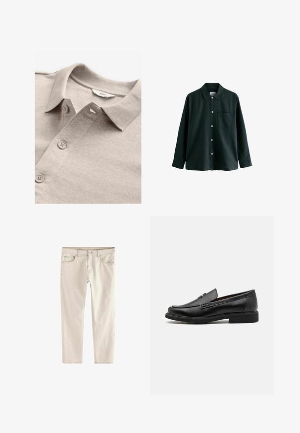 Beige Poloshirt aus strukturiertem Stoff, mit Kragen, Knopfleiste und hellgrauen Knöpfen. Das Etikett trägt die Aufschrift "NEXT."; Dunkelgrünes Hemd mit Knöpfen, einem Kragen, langen Ärmeln und einer einzelnen Brusttasche; verfügt über weiße Knöpfe und eine weiche Textur.; Hellbeige Slim-Fit-Jeans mit geradem Bein, fünf Taschen, Knopf- und Reißverschluss, sowie verstärkten Nähten an den Säumen.; Schwarze synthetische Slipper mit einer markanten gesteppten Vorderseite, gepolstertem Fußbett und flacher Gummisohle; schlankes Design mit minimaler Detailverarbeitung.