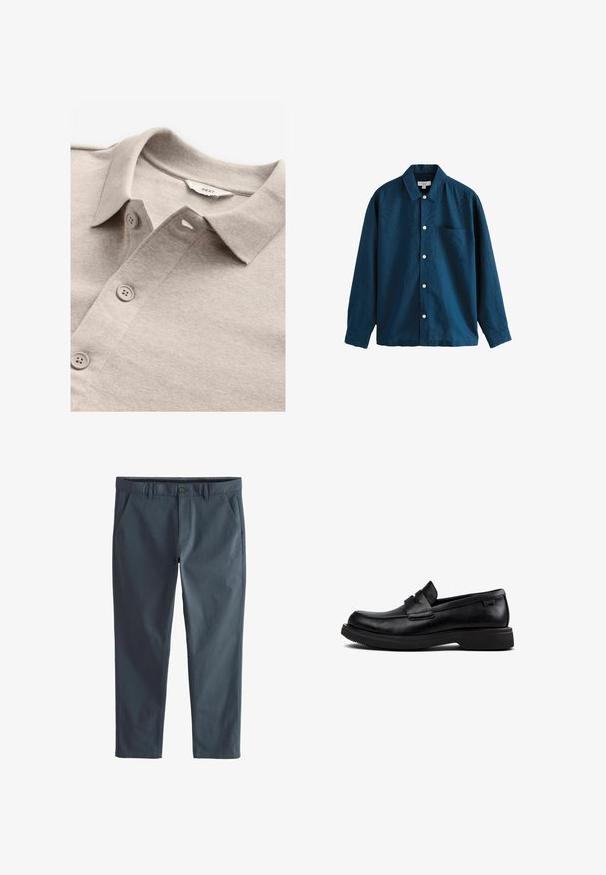 Beige polo shirt met een gestructureerde stof, met een kraag, een knoopsluiting en lichtgrijze knopen. Label leest "NEXT."; Blauwe lange mouwen overhemden met knopen, voorzien van een klassieke kraag, een enkele borstzak en witte knopen. Zachte textuur met een lichte glans.; Katoenen broek in donkergrijs, met een vlakke voorkant, twee zijzakken en een ritssluiting met knoopsluiting. Soepele textuur en taps toelopende pasvorm.; Zwarte leren instapper met ronde neus, Lage zool en decoratieve band over de bovenkant.