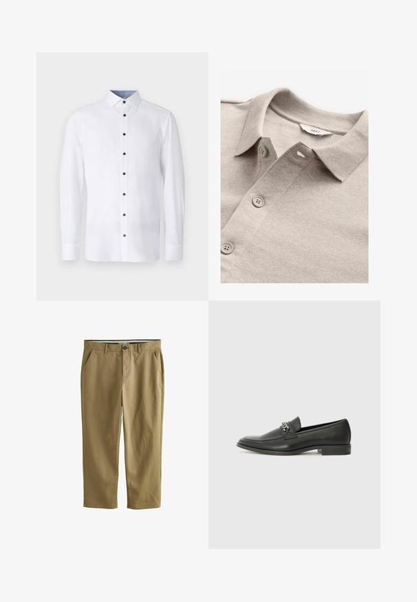Beige poloshirt med tekstureret stof, der har krave, en knaplukning og lysegrå knapper. Etiketten siger "NEXT."; Hvid langærmet skjorte med klassisk krave, sorte knapper ned ad fronten og kontrasterende lyseblå detalje ved indersiden af kraven. Glat stoftekstur.; Khaki chinos lavet af en bomuldsblanding, med to sidelommer, knaplukning, lige ben og en glat tekstur.; Sorte læder loafers med en glat finish, der har et syet design og et dekorativt metal kædeaccent hen over vamps. Flad hæl.