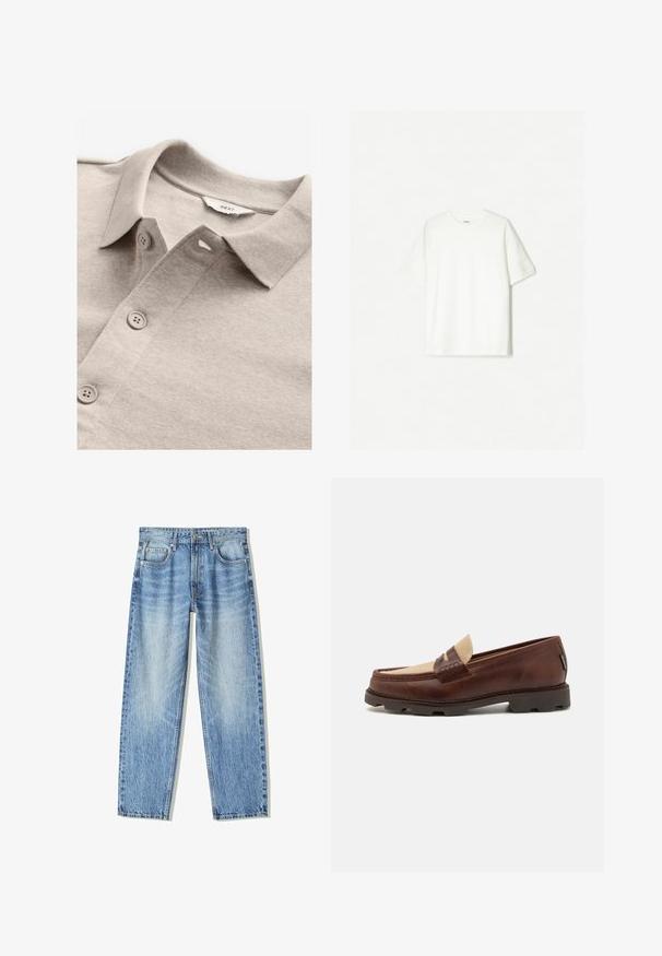 Beige polo shirt with a textured fabric, featuring a collar, a button placket, and light grey buttons. Label reads "NEXT."; White short-sleeve t-shirt made of soft cotton. Crew neck design with a relaxed fit and no visible logos or patterns.; Light blue denim jeans with a loose fit, straight leg design, five pockets, and faded texture. Includes a front button and zipper closure.; Brown leather loafers with a taupe canvas accent, stitched detail, and a textured rubber sole designed for comfort and durability.