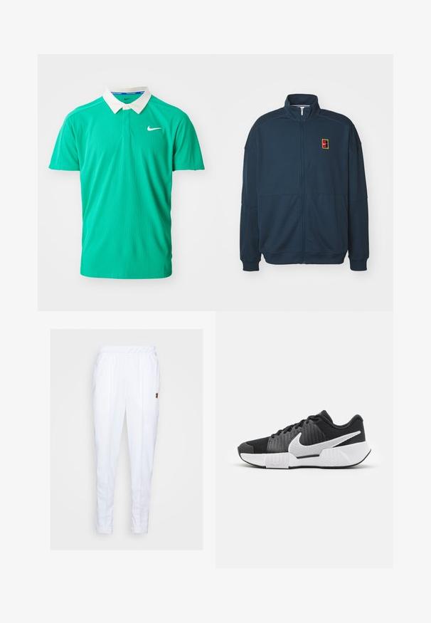 Chaqueta azul marino con cremallera hecha de un tejido suave. Presenta un collar alto, puños acanalados y un logo bordado en un parche rectangular.; Camisa polo verde hecha de tela texturizada, con un cuello blanco, mangas cortas y un pequeño logo plateado de Nike en el lado izquierdo del pecho.; Pantalones deportivos blancos con cintura elástica, que cuentan con bolsillos laterales y detalles de costura sutiles a lo largo de las piernas.; Zapatillas deportivas negras con parte superior texturizada, logo de swoosh blanco, talón acolchado y suela blanca contrastante con un patrón en zigzag.