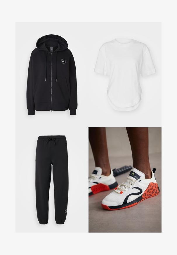 Črna zadrgo odprta kapuca s vrvico, kenguru žepi in okrogel logo na levi prsi. Mehka tkanina in rebrasti manšeti.; Bela bombažna majica s krožnim izrezom, kratkimi rokavi in ukrivljenim robom. Gladka tekstura brez vzorcev ali dodatkov.; Črne trenirke iz mehkega blaga, z elastičnim pasom in vrvico, zapetimi gležnji ter majhnim logotipom na spodnjem delu noge.; Bele športne čevlje v belih tonih s črno-oranžnim leopardjim vzorcem. Imajo teksturirano zgornje platno, gumijast podplat in sistem vezalk.