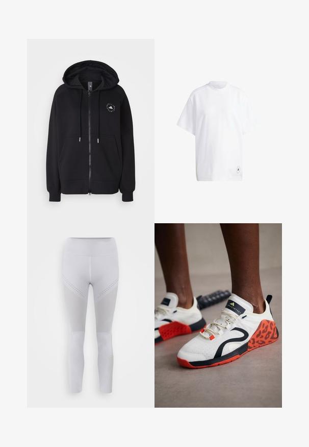 Fekete cipzáras kapucnis pulóver, húzózsinórral, kenguruzsebbel és kör alakú logóval a bal mellen. Puha anyag és bordázott mandzsetták.; Fehér pamut póló rövid ujjal, kerek nyakkal és laza szabással. Figyelemre méltó részlet: kis fekete grafikai logó a szegélyen.; Fehér leggings magas derékkal, hálós betétekkel és kis perforációkkal a combokon. Finom logó részlet a lábszár alsó részén.; Fehér sportcipők fekete és narancssárga leopárdmintás díszítéssel. Texturált szövet felsőrésze, gumitalpa és fűzőrendszere van.