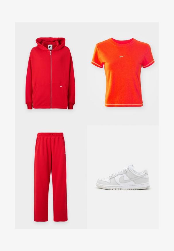 Czerwona, zapinana na zamek bluza z kapturem wykonana z miękkiego materiału. Posiada kieszeń typu kangur, ribbowane mankiety oraz białe logo Nike na lewej piersi.; Czerwona, skrócona koszulka z bawełny, z żeberkowym okrągłym dekoltem i krótkimi rękawami. Z przodu znajduje się małe białe logo Nike.; Czerwone spodenki sportowe z elastycznym paskiem w talii, bocznymi kieszeniami i białym logo Nike po lewej stronie. Wykonane z gładkiego materiału.; Białe skórzane trampki z szarymi akcentami, perforowanym noskiem, płaskimi sznurowadłami, wyściełanym kołnierzem i teksturowaną gumową podeszwą.