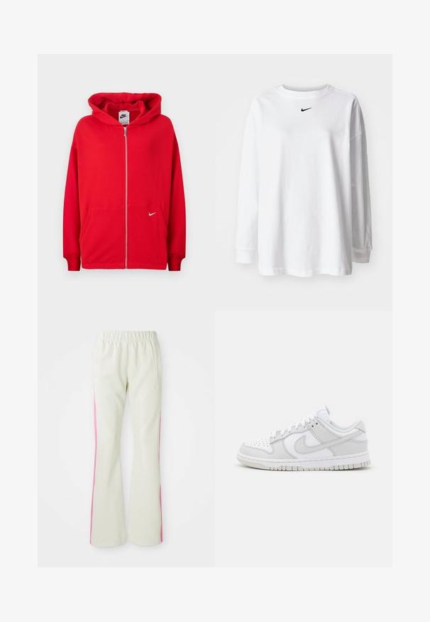 Punainen vetoketjullinen huppari, joka on valmistettu pehmeästä kankaasta. Varustettu kenguru-taskulla, ribbailla hihoilla ja valkoisella Nike-logolla vasemmassa rinnassa.; Valkoinen pitkähihainene t-paita, joka on valmistettu puuvillasta ja jossa on pyöreä kaula-aukko sekä pieni musta Nike-logo rinnassa. Yksinkertainen muotoilu, rento istuvuus.; Vaaleanbeige housut, joissa on joustava vyötärö, pinkit sivupaneelit ja sivutaskut. Silkkinen tekstuuri suoran lahkeen muotoilulla.; Valkoiset nahkakengät, joissa on harmaita yksityiskohtia, rei'itetty kärki, litteät nauhat, pehmustettu kaulus sekä teksturoitu kumipohja.