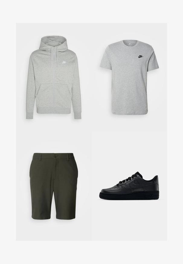 Sivá mikina na zips vyrobená z jemnej tkaniny. Obsahuje prednú kapsu, kapucňu so sťahovacou šnúrkou a malé biele logo Nike na hrudi.; Sivý krátky rukáv T-shirt vyrobený z bavlny, s čiernym logom Nike na hrudi a okrúhlym výstrihom. Minimalistický dizajn bez vzorov.; Les Deux COMO SEASONAL - Šortky - deep forest/charcoal; Čierne tenisky Nike Air Force 1 s hladkým koženým zvrškom, perforovanou špičkou pre priedušnosť, čiernymi šnúrkami a textúrovanou gumovou podrážkou.