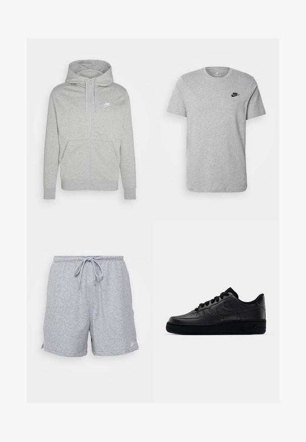 Γκρι φούτερ με φερμουάρ κατασκευασμένο από μαλακό ύφασμα. Διαθέτει μπροστινή τσέπη, κουκούλα με κορδόνια και ένα μικρό λευκό λογότυπο Nike στο στήθος.; Γκρι κοντομάνικη μπλούζα φτιαγμένη από βαμβάκι, με μαύρο λογότυπο Nike στο στήθος και στρογγυλή λαιμόκοψη. Μινιμαλιστικός σχεδιασμός χωρίς μοτίβα.; Γκρι βαμβακερές αθλητικές βερμούδες με ρυθμιζόμενη μέση με κορδόνι, πλαϊνές τσέπες με άνοιγμα και ένα μικρό λογότυπο στην κάτω ραφή.; Μαύρο παπούτσι Nike Air Force 1 με λείο δερμάτινο άνω μέρος, τρυπητή μύτη για αναπνοή, μαύρες κορδόνες και υφή ελαστικής σόλας.