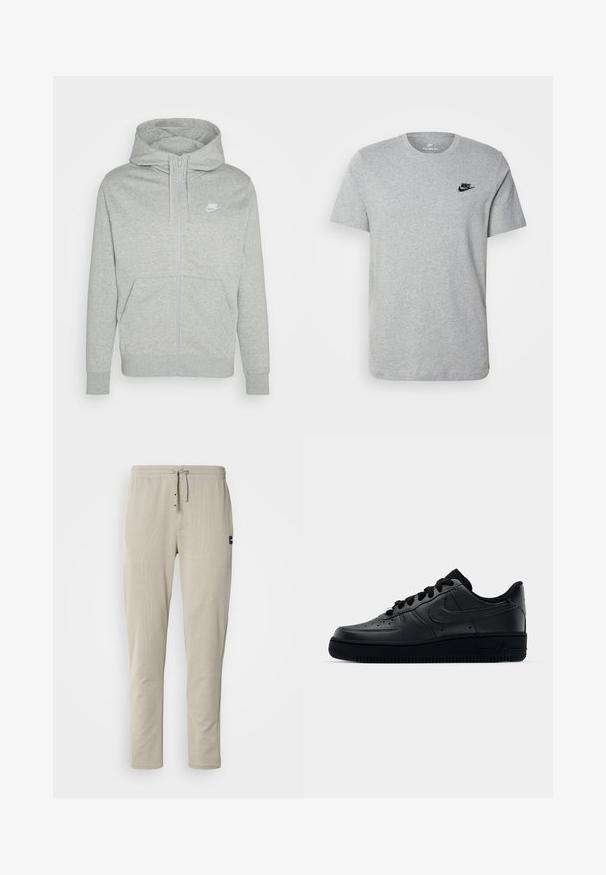 Gray zip-up hoodie made of soft fabric. Features a front pocket, drawstring hood, and a small white Nike logo on the chest.; Gray short-sleeve T-shirt made of cotton, featuring a black Nike logo on the chest and a round neckline. Minimalist design with no patterns.; Beige jogger pants made of soft fabric, featuring an elastic waistband, drawstring, and two front pockets. Minimalist design with side stitching.; Black Nike Air Force 1 sneaker with a smooth leather upper, perforated toe for breathability, black laces, and a textured rubber sole.