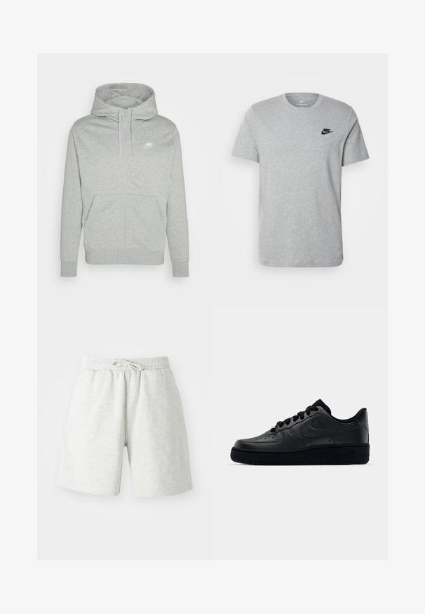 Gray zip-up hoodie made of soft fabric. Features a front pocket, drawstring hood, and a small white Nike logo on the chest.; Gray short-sleeve T-shirt made of cotton, featuring a black Nike logo on the chest and a round neckline. Minimalist design with no patterns.; Light gray cotton shorts with an elastic waistband, drawstring detail, and side pockets. Soft texture, knee-length design.; Black Nike Air Force 1 sneaker with a smooth leather upper, perforated toe for breathability, black laces, and a textured rubber sole.