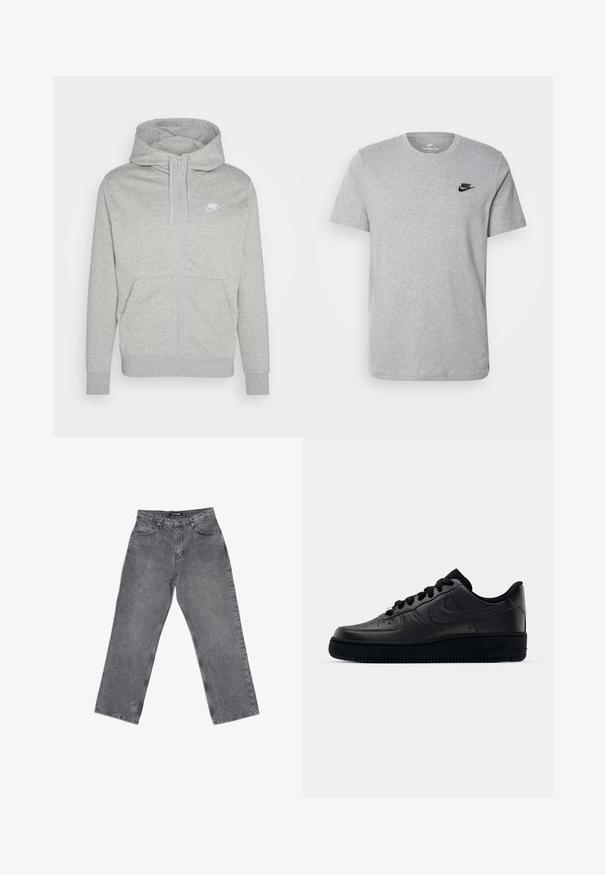 Hall suurte tõmblukkudega hoodied, mis on valmistatud pehmest kangast. Omab eesmist taskut, reguleeritavat kapuutsi ja väikest valget Nike logo rinnal.; Halli lühikeste varrukatega T-särk, mis on valmistatud puuvillast ja millel on rinnal must Nike'i logo ning ümar kaelus. Minimalistlik disain, ilma mustriteta.; Hallid denim püksid sirge lõikega, viie taskuga, vöökohasaldusega ja pleekinud tekstuuriga. Lihtne disain, ilma nähtavate mustriteta.; Mustad Nike Air Force 1 tossud musta sileda nahast, perforatsioonidega varvas hingavuse tagamiseks, mustad paelad ja tekstureeritud kummitald.
