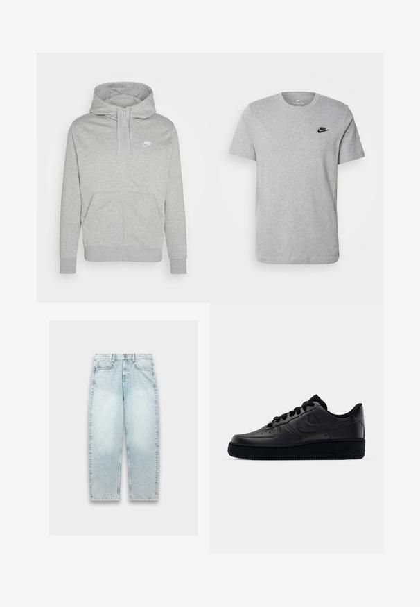 Hanorac gri cu fermoar, realizat dintr-un material moale. Include o buzunar frontal, glugă cu șnur și un mic logo alb Nike pe piept.; Tricou gri cu mânecă scurtă, fabricat din bumbac, având un logo negru Nike pe piept și un decolteu rotund. Design minimalist, fără modele.; Jeans din denim de un albastru deschis, cu croială lejeră, picioare drepte, textură decolorată, design cu cinci buzunare și închidere cu nasture metalic la talie.; Adidașii negri Nike Air Force 1 cu un exterior din piele netedă, vârf perforat pentru respirabilitate, șireturi negre și o talpă din cauciuc texturată.