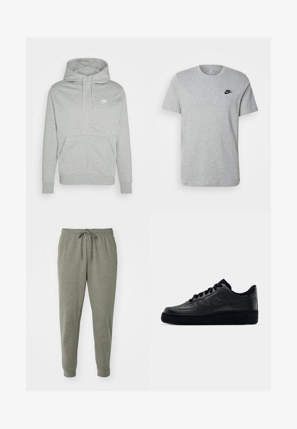 Gray zip-up hoodie made of soft fabric. Features a front pocket, drawstring hood, and a small white Nike logo on the chest.; Gray short-sleeve T-shirt made of cotton, featuring a black Nike logo on the chest and a round neckline. Minimalist design with no patterns.; Gray jogger pants with an elastic waistband and drawstring, crafted from soft material. Features side pockets and tapered cuffs.; Black Nike Air Force 1 sneaker with a smooth leather upper, perforated toe for breathability, black laces, and a textured rubber sole.