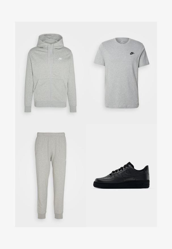 Pilkas su užtrauktuku megztinis, pagamintas iš minkštos medžiagos. Yra priekinė kišenė, juostelės su kapuce ir mažas baltas Nike logo ant krūtinės.; Pilkas trumpas rankovėmis marškinėliai iš medvilnės, su juodu Nike logotipu krūtinėje ir apvaliu iškirpimu. Minimalistinis dizainas be raštų.; Pilkos sportinės kelnės, pagamintos iš švelnaus medvilnės ir sintetinio pluošto mišinio, su elastingu juosmeniu, raukšlėmis ant rankovių ir mažo logotipo akcentu priekyje.; Juodi Nike Air Force 1 sportbačiai su lygia odine viršutine dalimi, perforuotu kepurėle kvėpuojamumui, juodomis raištelėmis ir tekstūruotu guminį padu.