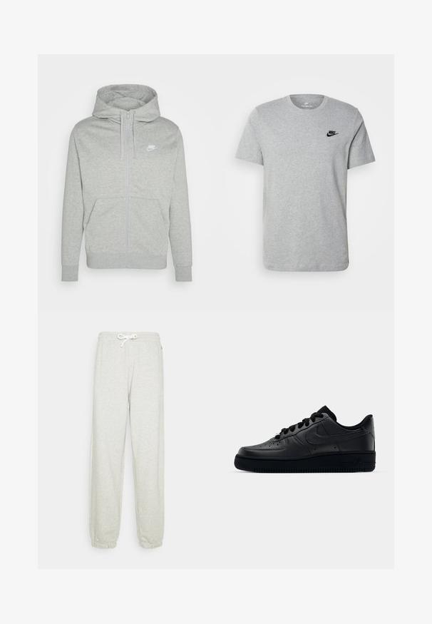 Siva zip-up kapuca iz mehkega blaga. Ima sprednji žep, kapuco z vrvico in majhen bel Nike logotip na prsih.; Siv majica s kratkimi rokavi iz bombaža, ki ima črni Nike logotip na prsih in okroglo ovratnico. Minimalističen dizajn brez vzorcev.; Svetlo sivi trenirka z vrvico v pasu, elastičnimi manšetami in mehko teksturo. Brez vidnih vzorcev ali dodatnih elementov.; Črne Nike Air Force 1 športne copate z gladkim usnjem, perforirano konico za zračnost, črnimi vezalkami in teksturirano gumijasto podplatom.