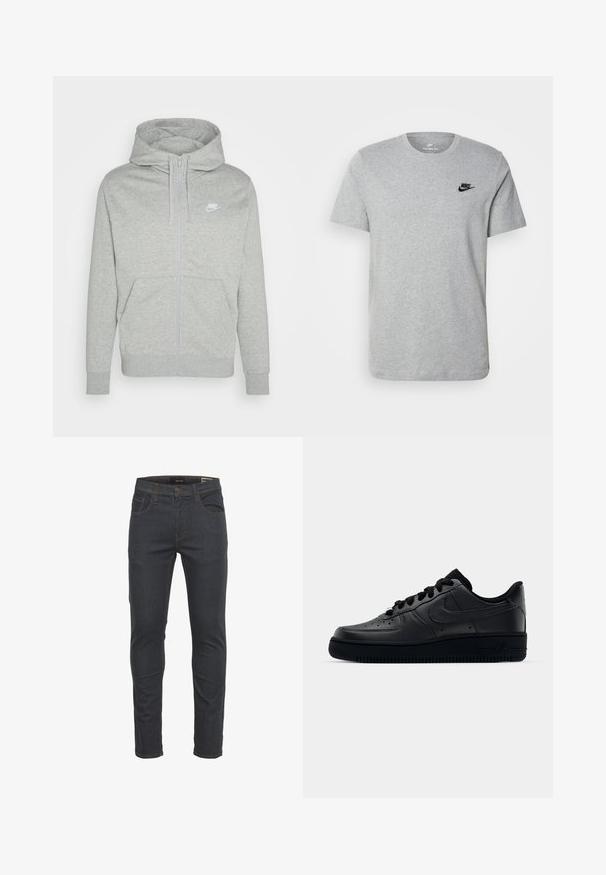 Szara bluza z kapturem zapinana na zamek, wykonana z miękkiego materiału. Posiada przednią kieszeń, kaptur z regulowanym sznurkiem oraz małe białe logo Nike na klatce piersiowej.; Szara koszulka z krótkim rękawem wykonana z bawełny, z czarnym logo Nike na piersi i okrągłym dekoltem. Minimalistyczny design bez wzorów.; Ciemnoniebieskie dżinsy o dopasowanym kroju, z pięcioma kieszeniami, zapięciem na guzik i zamek błyskawiczny oraz kontrastowym przeszyciem. Gładka tekstura.; Czarne sneakersy Nike Air Force 1 z górną częścią wykonaną z gładkiej skóry, perforowanym noskiem dla lepszej wentylacji, czarnymi sznurówkami oraz teksturowaną gumową podeszwą.