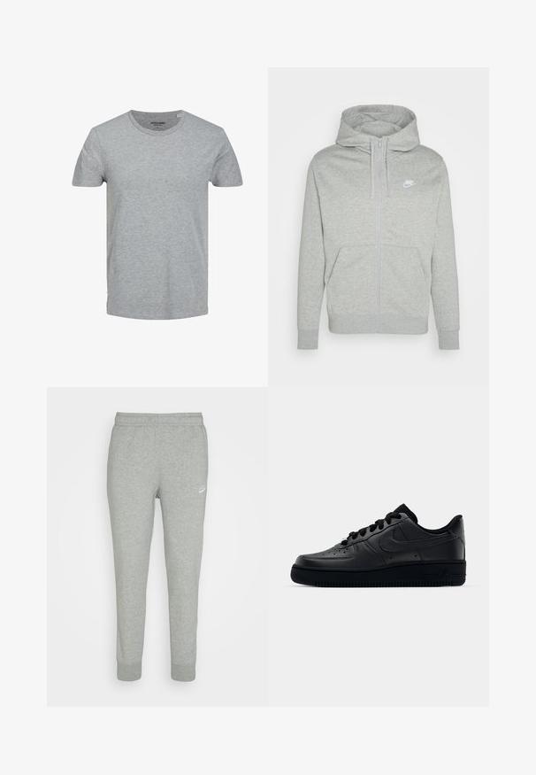 Hoodie zippé gris en tissu doux. Doté d'une poche avant, d'une capuche avec cordon de serrage et d'un petit logo Nike blanc sur la poitrine.; T-shirt gris à manches courtes en coton doux. Doté d'un col ras du cou classique et d'une coupe régulière. Design simple sans motifs ni accents.; Pantalons de survêtement gris en tissu doux, avec une coupe fuselée, une taille élastique et un petit logo Nike blanc sur la cuisse gauche.; Baskets Nike Air Force 1 noires avec un dessus en cuir lisse, bout perforé pour la respirabilité, lacets noirs et semelle en caoutchouc texturé.