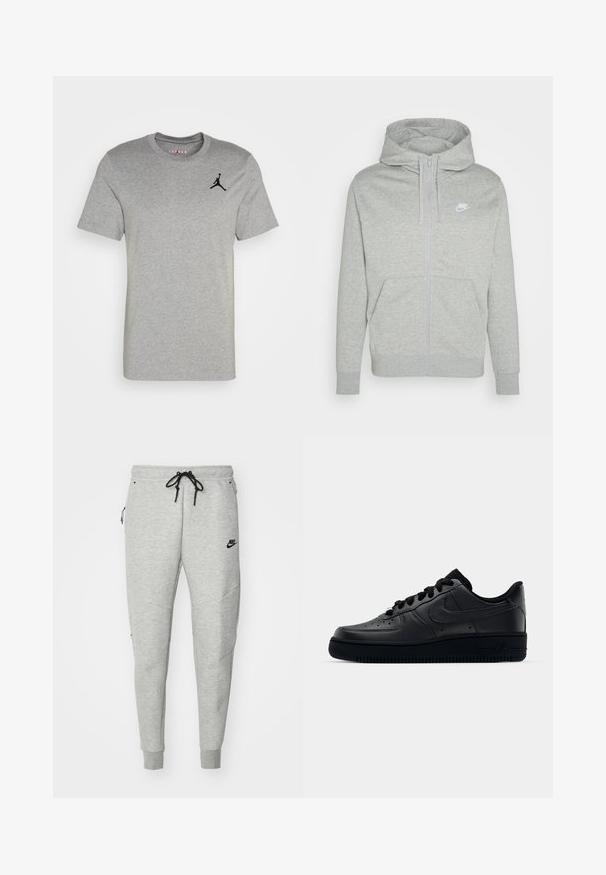 Felpa grigia con zip realizzata in tessuto morbido. Presenta una tasca frontale, cappuccio con lacci e un piccolo logo bianco della Nike sul petto.; T-shirt in cotone grigio con maniche corte, colletto a girocollo a costine e logo nero di Jordan stampato sul petto sinistro. Texture liscia.; Pantaloni della tuta grigi con una texture liscia, vita elastica, cordino nero regolabile, due tasche laterali e un piccolo logo nero.; Sneaker Nike Air Force 1 nera con tomaia in pelle liscia, punta perforata per la traspirabilità, lacci neri e suola in gomma testurizzata.