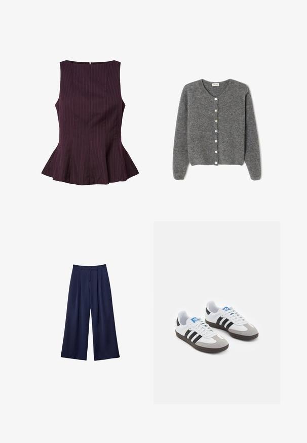 Sivkasta volnenega kardigana z okroglim izrezom, ki ima sedem sprednjih gumbov in mehak, teksturiran zaključek. Rokavi so nekoliko ohlapni.; Plum peplum top z navpičnimi črtami, brez rokavov, zaobljenim ovratnikom in zadrgo na hrbtu. Prilagojen kroj s flared robom.; Mornarsko modri široki hlače z naborki, gumbi v pasu in zankami za pas, prikazane na ravni beli ozadju.; Športni čevlji z belim usnjenim zgornjim delom, sivim semišem na prstih in tremi črnimi črtami. Imajo modro logo na jeziku in teksturiran gumijast podplat.