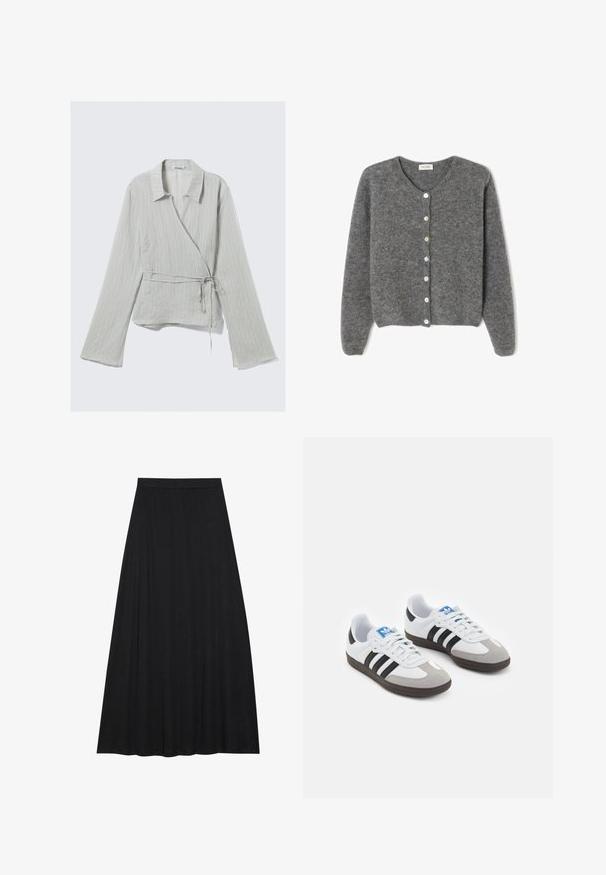 Cardigan en laine grise avec un col rond, comportant sept boutons sur le devant et une finition douce et texturée. Les manches sont légèrement amples.; Chemisier léger gris clair avec un col, des manches longues, des rayures subtiles et un détail de taille nouée. Fabriqué dans un tissu texturé.; Jupe maxi noire en tissu doux et fluide. Elle présente une taille élastique et une silhouette évasée en A avec une texture lisse.; Baskets avec une tige en cuir blanc, un bout en daim gris et trois bandes noires. Présente un logo bleu sur la languette et une semelle en caoutchouc texturée.