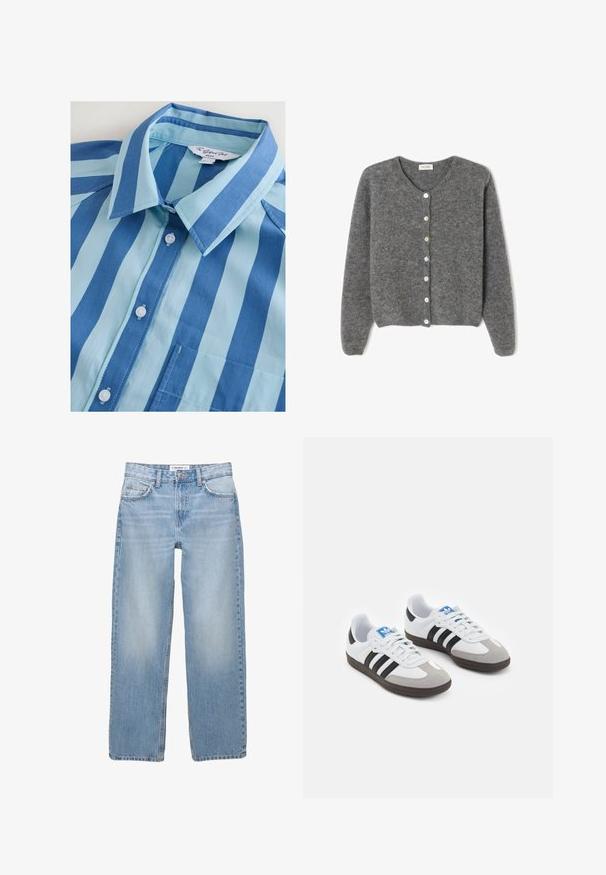 Sivý vlnený kardigán s okrúhlym výstrihom, s vydaním sedem predných gombíkov a jemným, textúrovaným povrchom. Rukávy sú mierne voľné.; Modrá a svetlomodrá pásikavá košeľa s golierom, šiestimi gombíkmi a vreckom na hrudi, vyrobená z hladkého materiálu.; Svetlomodré džínsy s rovnými nohavicami, päť vrecovými detailmi a viditeľným šitím. Tkanina má mäkkú, jemne vyblednutú textúru.; Športové topánky s bielym koženým zvrškom, šedou semišovou špičkou a tromi čiernymi pruhmi. Obsahujú modré logo na jazyku a štruktúrovanú gumovú podrážku.