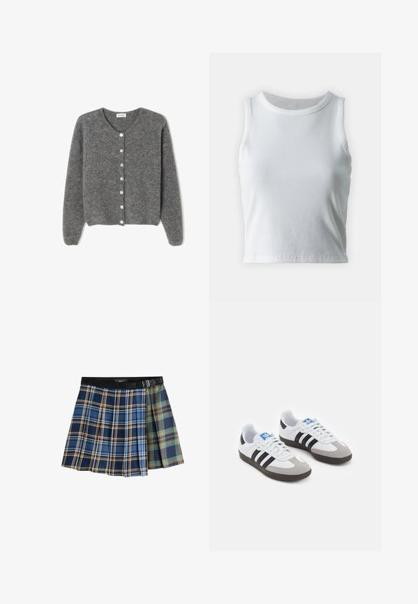 Grå uld cardigan med rund hals, prydet med syv knapper foran og en blød, tekstureret overflade. Ærmerne er en smule løse.; Hvid ribbet tanktop med rund halsudskæring og ærmeløs design, med en lige kant og en glat, strækbar tekstur.; Plisseret miniskørt med tofarvede tern i blå, orange, grøn og marineblå, med en sort livrem og spænde.; Sportsko med en overdel i hvid læder, grå ruskind på tåen og tre sorte striber. Har et blåt logo på tungen og en struktureret gummisål.