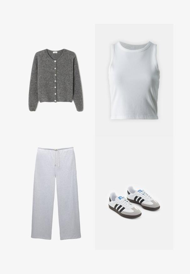 Grijze wollen cardigan met een ronde halslijn, voorzien van zeven knopen aan de voorkant en een zachte, gestructureerde afwerking. De mouwen zijn iets los.; Witte geribde tanktop met een ronde halslijn en mouwloos ontwerp, voorzien van een rechte zoom en een gladde, rekbare textuur.; PULL&BEAR Trainingsbroek - grey; Sportschoenen met een witte leren bovenkant, grijze suède neus en drie zwarte strepen. Bevat een blauw logo op de tong en een gestructureerde rubberen zool.