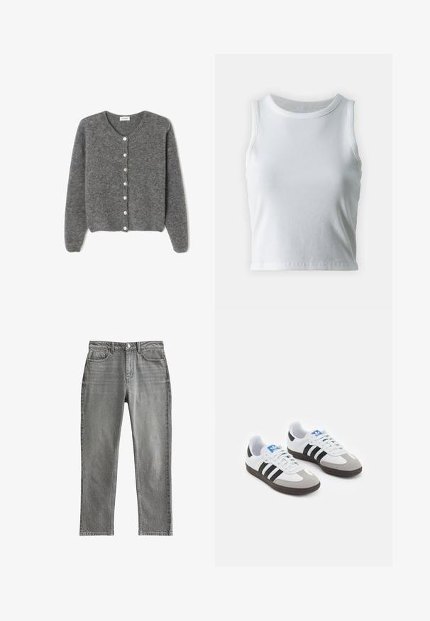 Szary wełniany kardigan z okrągłym dekoltem, z siedmioma guzikami z przodu i miękkim, teksturowanym wykończeniem. Rękawy są nieco luźne.; Biała, prążkowana koszulka na ramiączkach z okrągłym dekoltem i bez rękawów, z prostym dołem i gładką, elastyczną teksturą.; Szare dżinsy o prostym kroju, pięciopunktowym fasonie, z zapięciem na guzik i delikatną teksturą; brak widocznych wzorów lub zdobień.; Buty sportowe z białą skórzaną cholewką, szarym zamszowym noskiem i trzema czarnymi paskami. Posiadają niebieskie logo na języku oraz teksturowaną gumową podeszwę.