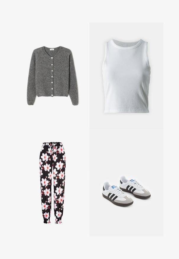 Szary wełniany kardigan z okrągłym dekoltem, z siedmioma guzikami z przodu i miękkim, teksturowanym wykończeniem. Rękawy są nieco luźne.; Biała, prążkowana koszulka na ramiączkach z okrągłym dekoltem i bez rękawów, z prostym dołem i gładką, elastyczną teksturą.; Czarne spodnie z tkaniny z białym i czerwonym wzorem kwiatowym, elastyczny pas ze sznurkiem ściągającym i marszczonymi mankietami. Lekki materiał.; Buty sportowe z białą skórzaną cholewką, szarym zamszowym noskiem i trzema czarnymi paskami. Posiadają niebieskie logo na języku oraz teksturowaną gumową podeszwę.