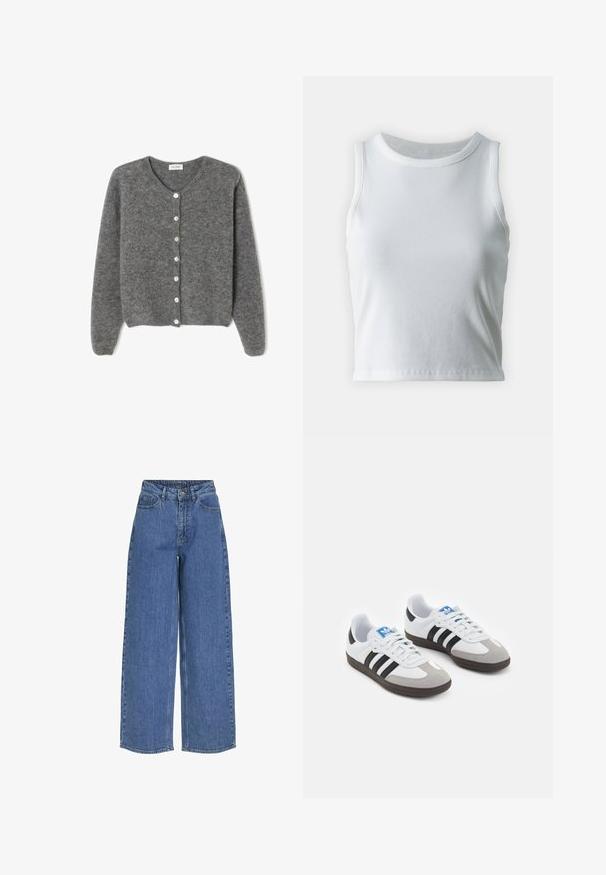 Sivkasta volnenega kardigana z okroglim izrezom, ki ima sedem sprednjih gumbov in mehak, teksturiran zaključek. Rokavi so nekoliko ohlapni.; Bela rebrasta majica brez rokavov z okroglo izrezom, s pravo hem in gladko, elastično strukturo.; Široke modre kavbojke z visokim pasom, izdelane iz denima. Vključujejo sprednje žepke in zapiranje na gumb. Klasičen vsakdanji dizajn.; Športni čevlji z belim usnjenim zgornjim delom, sivim semišem na prstih in tremi črnimi črtami. Imajo modro logo na jeziku in teksturiran gumijast podplat.