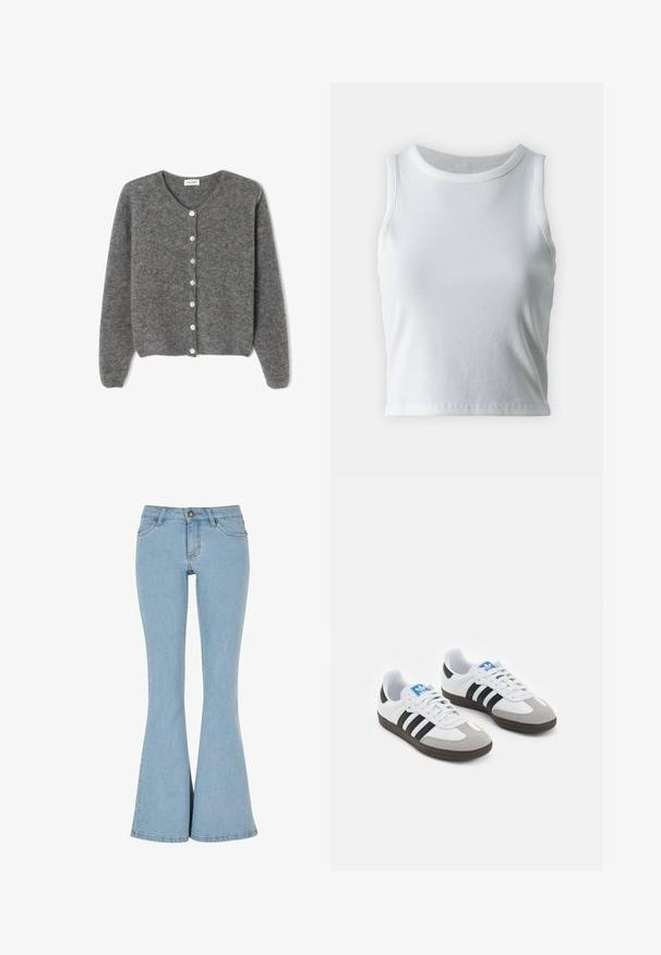 Grijze wollen cardigan met een ronde halslijn, voorzien van zeven knopen aan de voorkant en een zachte, gestructureerde afwerking. De mouwen zijn iets los.; Witte geribde tanktop met een ronde halslijn en mouwloos ontwerp, voorzien van een rechte zoom en een gladde, rekbare textuur.; Lichtblauwe denim flared jeans met een hoge taille, vijf zakken en een knoopsluiting. Heeft een soepele textuur en een nette zoomlijn.; Sportschoenen met een witte leren bovenkant, grijze suède neus en drie zwarte strepen. Bevat een blauw logo op de tong en een gestructureerde rubberen zool.