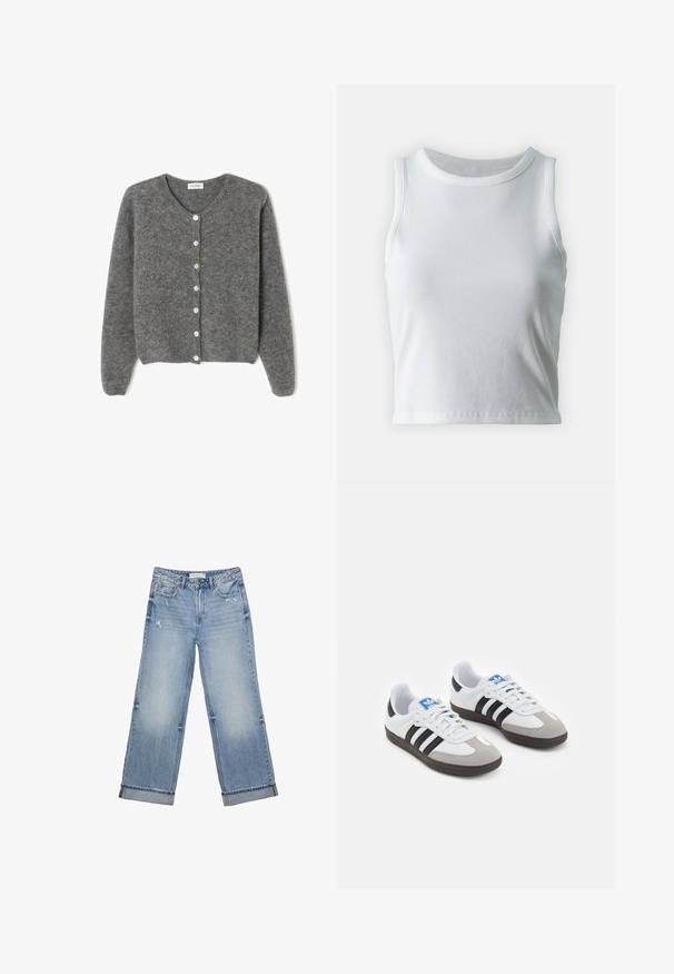 Harmaa villaneule, jossa on pyöreä kaula-aukko, seitsemällä etunapilla ja pehmeällä, teksturoidulla pinnalla. Hihat ovat hieman löysät.; Valkoinen poimutettu hihaton toppi, jossa on pyöreä kaula-aukko, suora helma ja sileä, joustava materiaali.; Vaaleansiniset farkut, joissa on leveä lahjesuunnittelu, repsottava helma, hinkuja ja klassinen viisi-taskuinen tyyli.; Urheilukengät, joissa on valkoinen nahkainen päällinen, harmaa mokkanokka ja kolme mustaa raitaa. Ominaisuuksina sininen logo kielekkeessä ja kuvioitu kumipohja.