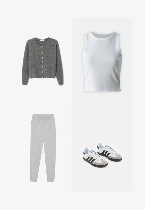 Sivi vuneni kardigan s okruglim izrezom, sa sedam prednjih dugmadi i mekim, teksturiranim završetkom. Rukavi su blago široki.; Bjela rebrasta majica bez rukava s okruglim izrezom i ravnim rubom, koja ima glatku i rastezljivu teksturu.; Sive trenerke s mekim materijalom, elastičnim pojasom i detaljem vezice. Suženi kroj nogavica s ležernim fitom.; Sportske cipele s gornjištem od bijele kože, sivi suedinasti nos i tri crne pruge. Imaju plavi logo na jeziku i teksturiranu gumenu podlogu.