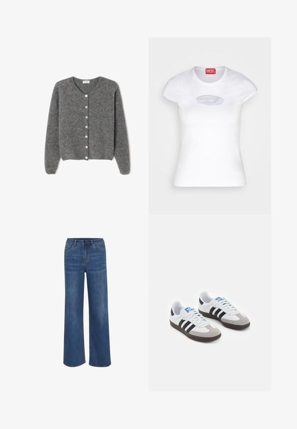 Pelēks vilnas kardigāns ar apaļu dekoltē, kuram ir septiņi priekšējie pogas un mīksta, teksturēta apdare. Piedurknes ir nedaudz brīvas.; Balts derīgs T-krekls, izgatavots no kokvilnas, ar apaļu dekoltē un īsām piedurknēm, priekšpusē ir gaiši zils izšūts logotips.; Platas kājas džinsi no vidēji zilas džinsa auduma. Iekļauj pogu un rāvējslēdzēja aizdari, piecas kabatas un vieglu auduma izgaismojumu.; Sporta apavi ar balto ādas virsu, pelēku zamšādas purngalu un trim melnām svītrām. Iezīmē zilu logotipu uz mēles un teksturētu gumijas zoli.