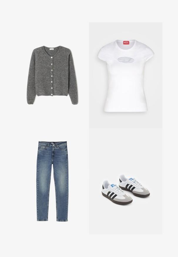 Szary wełniany kardigan z okrągłym dekoltem, z siedmioma guzikami z przodu i miękkim, teksturowanym wykończeniem. Rękawy są nieco luźne.; Biała dopasowana koszulka wykonana z bawełny, z okrągłym dekoltem i krótkimi rękawami, z jasnoniebieskim haftowanym logo na przodzie.; Niebieskie dżinsy o prostym kroju nogawki, z lekkim wyblaknięciem, pięcioma kieszeniami oraz zapięciem na guziki i zamek błyskawiczny.; Buty sportowe z białą skórzaną cholewką, szarym zamszowym noskiem i trzema czarnymi paskami. Posiadają niebieskie logo na języku oraz teksturowaną gumową podeszwę.