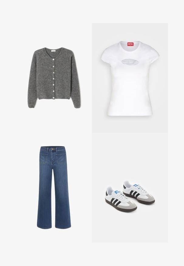 Szary wełniany kardigan z okrągłym dekoltem, z siedmioma guzikami z przodu i miękkim, teksturowanym wykończeniem. Rękawy są nieco luźne.; Biała dopasowana koszulka wykonana z bawełny, z okrągłym dekoltem i krótkimi rękawami, z jasnoniebieskim haftowanym logo na przodzie.; Jeansy o szerokich nogawkach w ciemnoniebieskim denimu o gładkiej fakturze, z zapięciem na guziki, pięcioma kieszeniami i kontrastującymi detalami przeszyć.; Buty sportowe z białą skórzaną cholewką, szarym zamszowym noskiem i trzema czarnymi paskami. Posiadają niebieskie logo na języku oraz teksturowaną gumową podeszwę.