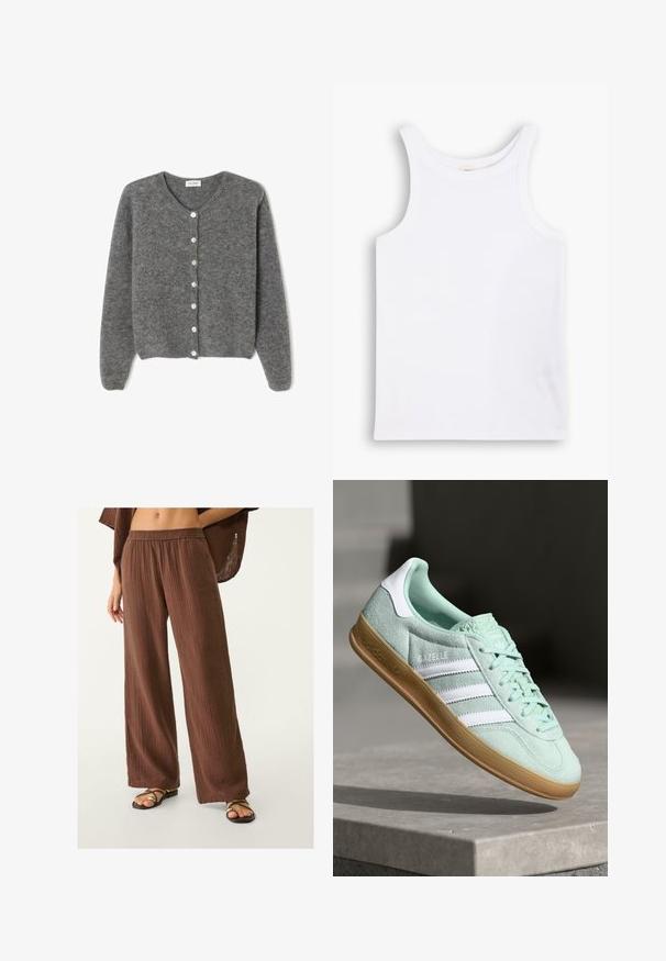 Grau gestrickte Wolle-Cardigan mit rundem Ausschnitt, ausgestattet mit sieben Vorderknöpfen und einer weichen, strukturierten Oberfläche. Die Ärmel sind leicht weit.; Weißes Baumwoll-Tanktop mit breiten Schulterträgern, einem runden Halsausschnitt und einer glatten, gerippten Textur. Keine Muster oder Akzente vorhanden.; Braune, weite Hosen aus strukturiertem Stoff mit einem elastischen Bund. Kombiniert mit flachen, geflochtenen Sandalen.; Adidas Gazelle Sneaker aus mintgrünem Wildleder mit weißen Akzenten, Schnürverschluss und einer Sohle aus Gummi. Mit drei weißen Streifen.