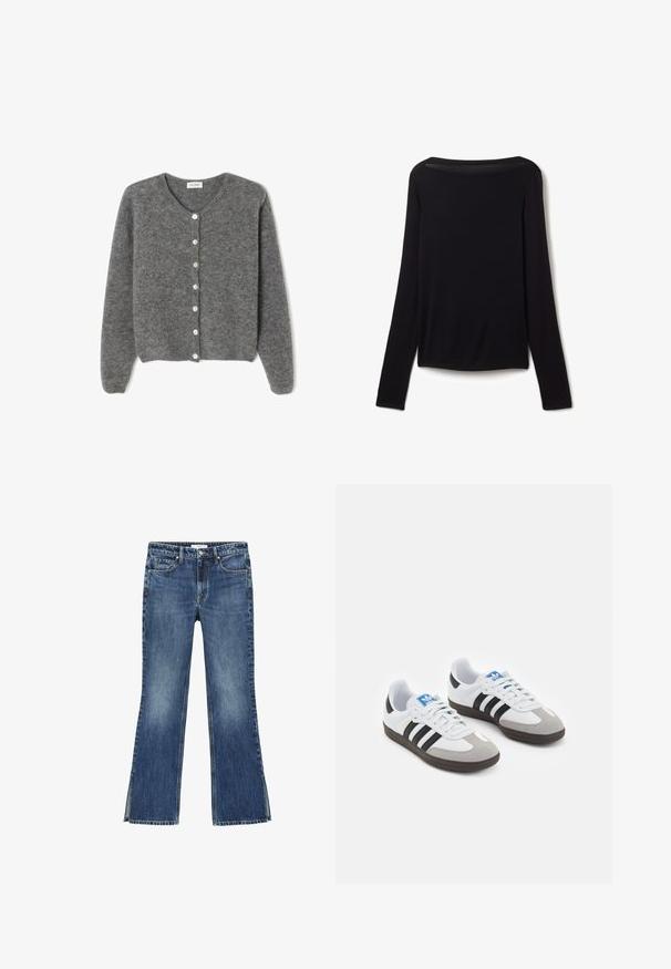 Grau gestrickte Wolle-Cardigan mit rundem Ausschnitt, ausgestattet mit sieben Vorderknöpfen und einer weichen, strukturierten Oberfläche. Die Ärmel sind leicht weit.; Langarmshirt aus schwarzem, weichem Stoff, mit weitem Ausschnitt und leicht lockerer Passform, ohne sichtbare Muster oder Hardware-Details.; Schmale blaue Denim-Jeans mit mittlerem Waschungsgrad, ausgestattet mit einer taillierten Taille, zwei Fronttaschen und Schlitzsäumen an den Knöcheln.; Sportschuhe mit einem Obermaterial aus weißem Leder, grauer Wildleder-Zehenkappe und drei schwarzen Streifen. Sie verfügen über ein blaues Logo auf der Zunge und eine strukturierte Gummisohle.