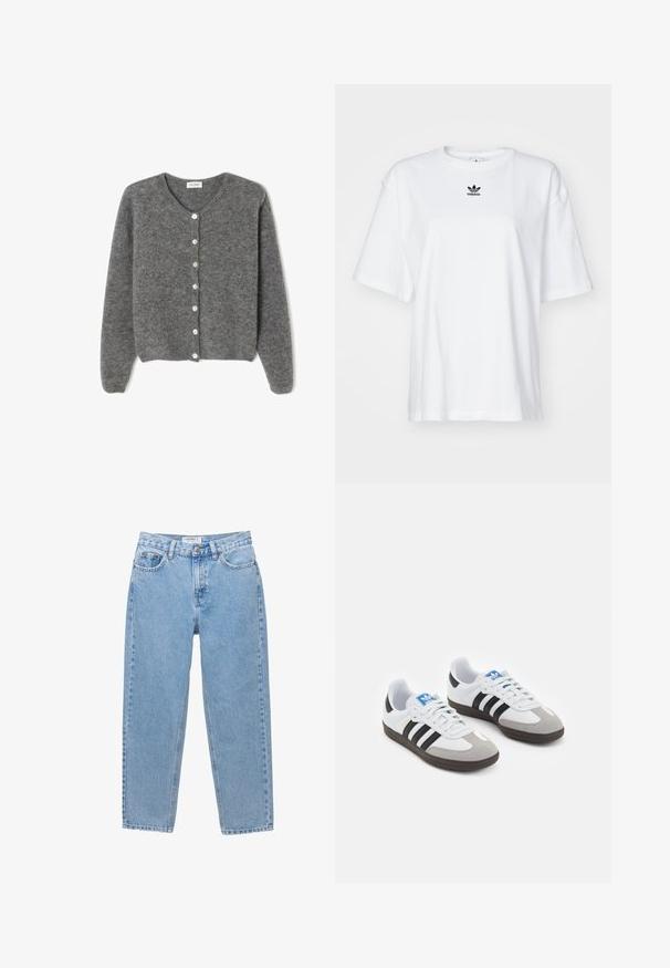 Grå ullcardigan med rund halsringning, som har sju framknappar och en mjuk, strukturerad yta. Ärmarna är något lösa.; Vit kortärmad T-shirt i bomull. Har rund halsringning och en liten svart Adidas-logotyp på bröstet. Rakt skuren fåll.; Ljusblå denimjeans med rak bendesign, fem fickor och knäppning. Har subtila blekningar och en klassisk stil.; Sportskor med överdel i vit läder, grå mocka på tårna och tre svarta ränder. Har en blå logotyp på tungan och en texturerad gummisula.