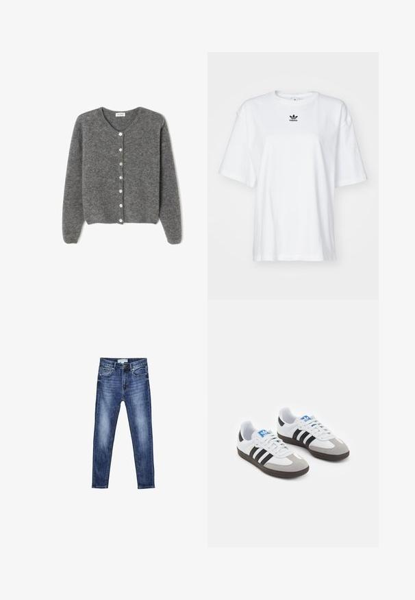 Sivkasta volnenega kardigana z okroglim izrezom, ki ima sedem sprednjih gumbov in mehak, teksturiran zaključek. Rokavi so nekoliko ohlapni.; Bela kratka majica s kratkimi rokavi iz bombaža. Ima krožni ovratnik in majhen črn Adidasov logotip na prsih. Ravna podoba.; Modre raztegnjene skinny jeans hlače z petimi žepi, zapiranjem na gumb in oznako velikosti 36 na pasu.; Športni čevlji z belim usnjenim zgornjim delom, sivim semišem na prstih in tremi črnimi črtami. Imajo modro logo na jeziku in teksturiran gumijast podplat.