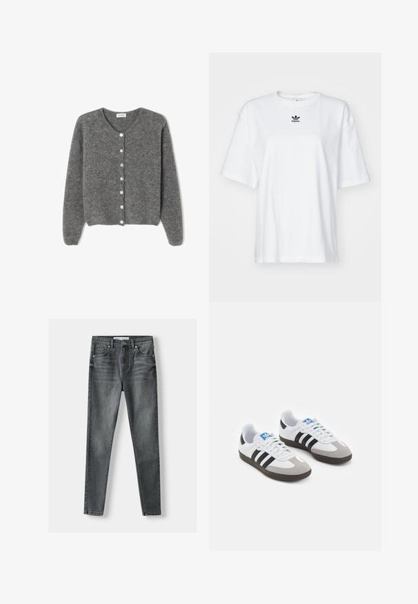 Sivi vuneni kardigan s okruglim izrezom, sa sedam prednjih dugmadi i mekim, teksturiranim završetkom. Rukavi su blago široki.; Bijela kratka majica s kratkim rukavima izrađena od pamuka. Ima okrugli izrez i mali crni Adidas logo na prsima. Ravni rub.; Tamno sive traperice s uskim krojem, pet džepova, prednjim zatvaranjem na dugme i suptilnim detaljima izbljeđivanja.; Sportske cipele s gornjištem od bijele kože, sivi suedinasti nos i tri crne pruge. Imaju plavi logo na jeziku i teksturiranu gumenu podlogu.