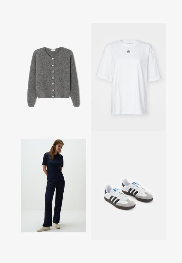 Cardigan en laine grise avec un col rond, comportant sept boutons sur le devant et une finition douce et texturée. Les manches sont légèrement amples.; T-shirt blanc à manches courtes en coton. Avec un col rond et un petit logo Adidas noir sur la poitrine. Ourlet droit.; Ensemble en tricot texturé bleu marine à deux pièces, comprenant un haut à manches courtes et un pantalon ample, assorti de baskets beiges.; Baskets avec une tige en cuir blanc, un bout en daim gris et trois bandes noires. Présente un logo bleu sur la languette et une semelle en caoutchouc texturée.