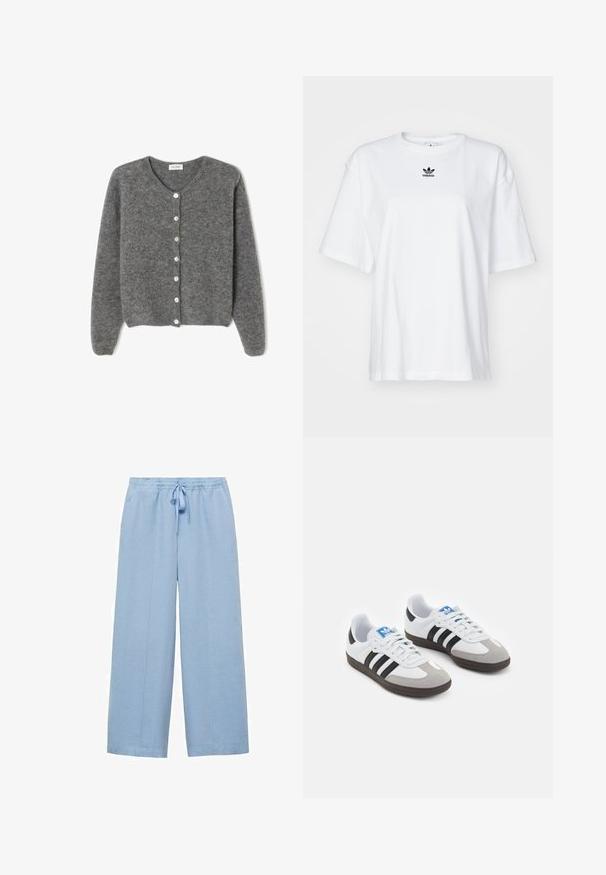 Cardigan en laine grise avec un col rond, comportant sept boutons sur le devant et une finition douce et texturée. Les manches sont légèrement amples.; T-shirt blanc à manches courtes en coton. Avec un col rond et un petit logo Adidas noir sur la poitrine. Ourlet droit.; Mango Pantalon classique - light blue; Baskets avec une tige en cuir blanc, un bout en daim gris et trois bandes noires. Présente un logo bleu sur la languette et une semelle en caoutchouc texturée.