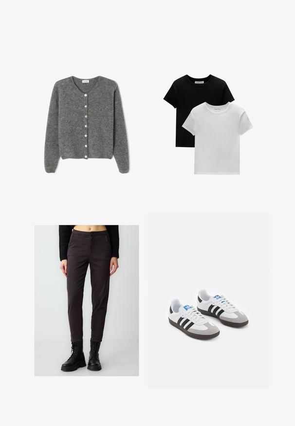 Cardigan en laine grise avec un col rond, comportant sept boutons sur le devant et une finition douce et texturée. Les manches sont légèrement amples.; Deux t-shirts à col rond en noir et blanc, fabriqués en coton. Ils ont des manches courtes et un design uni sans motifs ni accents.; Pantalons ajustés gris foncé en mélange de coton, avec fermeture à bouton et poches latérales, associés à des bottes noires à lacets.; Baskets avec une tige en cuir blanc, un bout en daim gris et trois bandes noires. Présente un logo bleu sur la languette et une semelle en caoutchouc texturée.