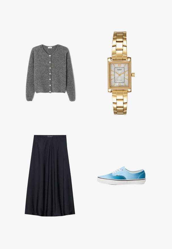 Grau gestrickte Wolle-Cardigan mit rundem Ausschnitt, ausgestattet mit sieben Vorderknöpfen und einer weichen, strukturierten Oberfläche. Die Ärmel sind leicht weit.; Weißes Tanktop, gerippte Textur, runder Ausschnitt, ärmelloses Design, enganliegende Form, dezente Markenkennzeichnung im Etikett im Kragenbereich.; Schwarzer, knielanger Rock aus leichtem Material mit fließendem Design. Verfügt über eine glatte Textur und subtile Falten für zusätzliche Details.; Vans AUTHENTIC - Sneaker low - blue coral gradient; Goldfarbene rechteckige Armbanduhr mit Zifferblatt in Weiß, silbernen Stundenmarkierungen und einem strapazierfähigen Metallarmband. Wasserfest.