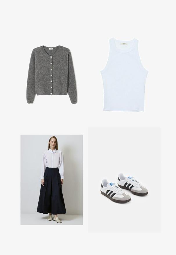 Sivý vlnený kardigán s okrúhlym výstrihom, s vydaním sedem predných gombíkov a jemným, textúrovaným povrchom. Rukávy sú mierne voľné.; Biele tielko, rebrový textúra, okrúhly výstrih, bezrukávový dizajn, priliehavý strih, diskrétne logo na štítku vo vnútri oblasti goliera.; Biela košeľa s gombíkovým uzáverom, spárovaná s prúžkovanou tmavomodrou skladanou sukňou. Nosí sa s svetlými nazúvacími topánkami.; Športové topánky s bielym koženým zvrškom, šedou semišovou špičkou a tromi čiernymi pruhmi. Obsahujú modré logo na jazyku a štruktúrovanú gumovú podrážku.