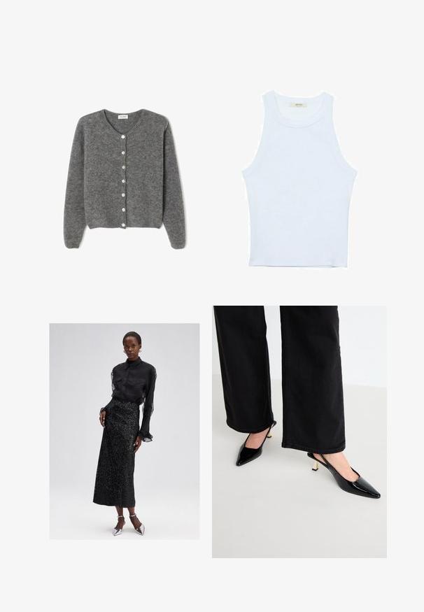 Sivý vlnený kardigán s okrúhlym výstrihom, s vydaním sedem predných gombíkov a jemným, textúrovaným povrchom. Rukávy sú mierne voľné.; Biele tielko, rebrový textúra, okrúhly výstrih, bezrukávový dizajn, priliehavý strih, diskrétne logo na štítku vo vnútri oblasti goliera.; Čierna blúzka s gombíkmi a priesvitnými rukávmi, v kombinácii s čiernou midi sukňou posiatej flitrami a striebornými lodičkami na vysokom opätku. Elegantný a textúrovaný dizajn.; Simmi London JUNE - Klasické lodičky na opätku - black