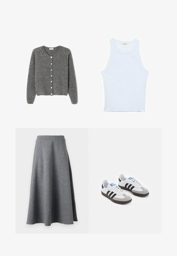 Grå uld cardigan med rund hals, prydet med syv knapper foran og en blød, tekstureret overflade. Ærmerne er en smule løse.; Hvid tanktop, ribbet tekstur, rund halsudskæring, ærmeløs design, tætsiddende form, diskret branding på mærket inden i kraveområdet.; Grå, knælang nederdel lavet af blødt, strækbart materiale, med en lækker design og en elastisk talje for komfort.; Sportsko med en overdel i hvid læder, grå ruskind på tåen og tre sorte striber. Har et blåt logo på tungen og en struktureret gummisål.