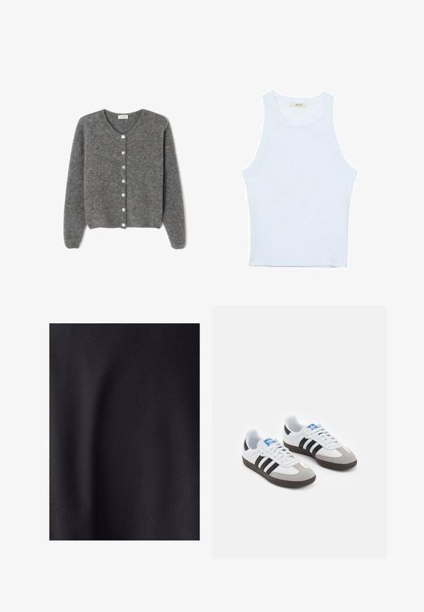 Szary wełniany kardigan z okrągłym dekoltem, z siedmioma guzikami z przodu i miękkim, teksturowanym wykończeniem. Rękawy są nieco luźne.; Biały top bez rękawów, prążkowana tekstura, okrągły dekolt, dopasowany krój, subtelne logo na metce wewnątrz obszaru kołnierza.; Czarna tkanina o gładkiej, matowej fakturze. Powierzchnia ma lekki połysk, eksponując drobny splot i brak widocznych wzorów czy akcentów.; Buty sportowe z białą skórzaną cholewką, szarym zamszowym noskiem i trzema czarnymi paskami. Posiadają niebieskie logo na języku oraz teksturowaną gumową podeszwę.